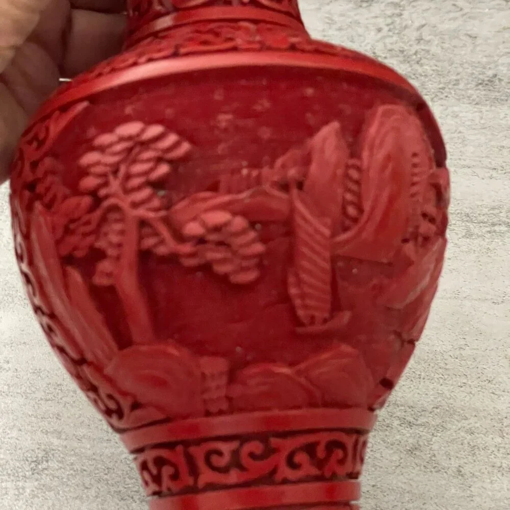 Vintage Red Cinnabar Blue Enamel Brass Hand Carved Lacquer Medium Vase 8.25